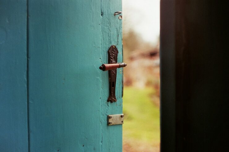 Photo of a teal-coloured door ajar, through which you can see a green garden